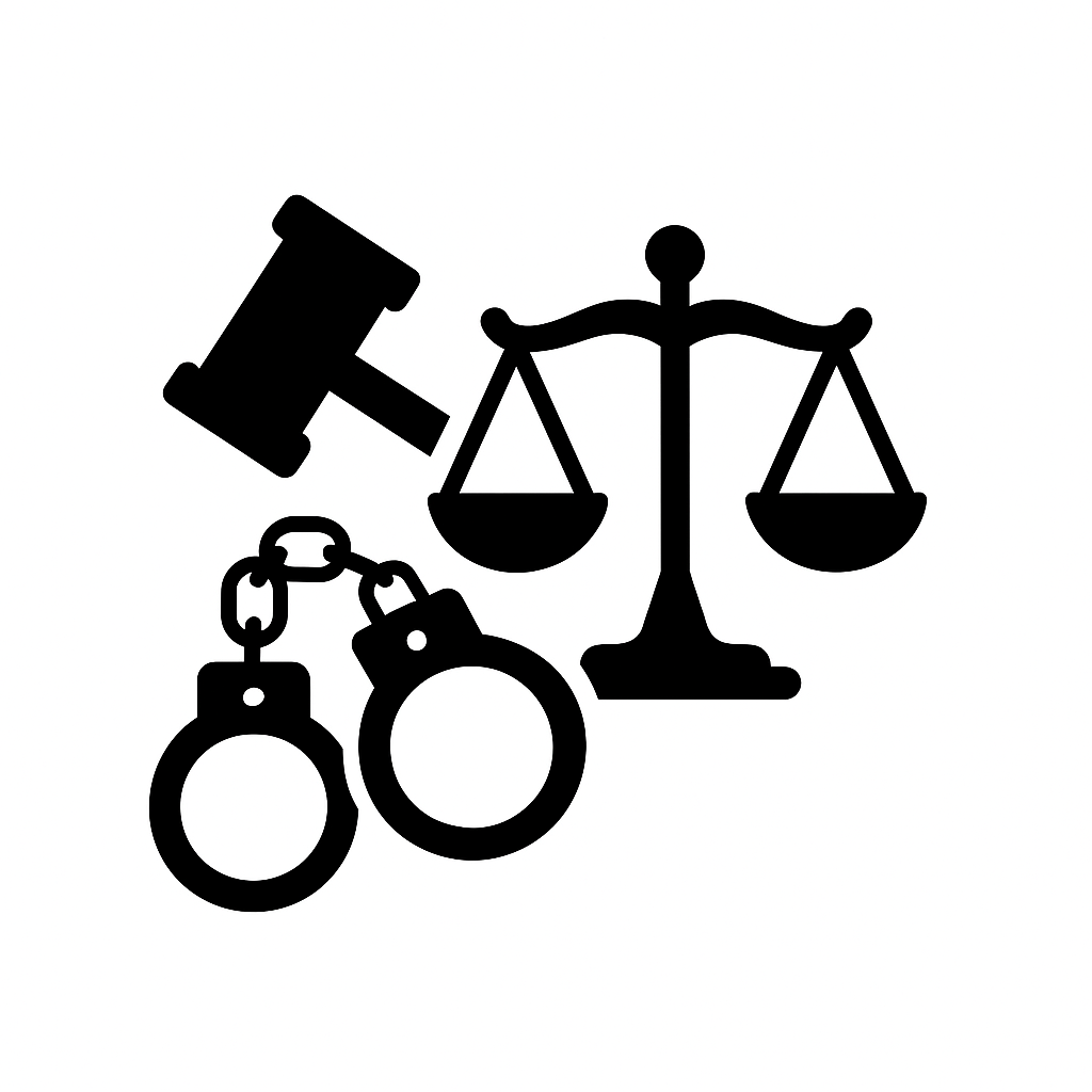 želízka, pouta, váhy spravedlnosti, soudcovské kladívko - trestní právo
